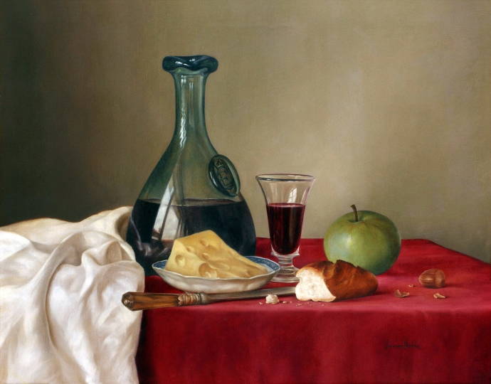 Натюрморт с кувшином, вином, сыром, яблоком, хлебом и стаканом / Джеймс Нобель - James Noble