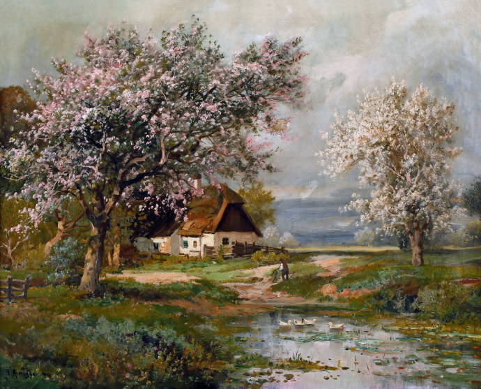Пейзаж с цветущими яблонями / Алуа (Алоис) Арнеггер - Alois Arnegger