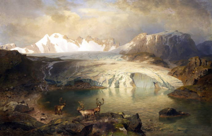 Пейзаж фьордов с ледником и оленем / Август Вильгельм Лей - August Wilhelm Leu