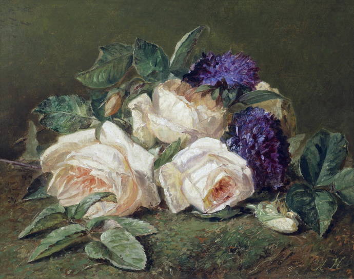 Розы и фиалки на траве / Адриана Йохана фон Ханен - 