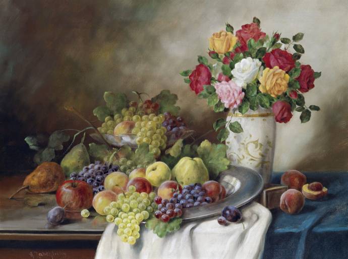 Большой натюрморт с фруктами и розами / Алуа (Алоис) Забелики - Alois Zabelicky