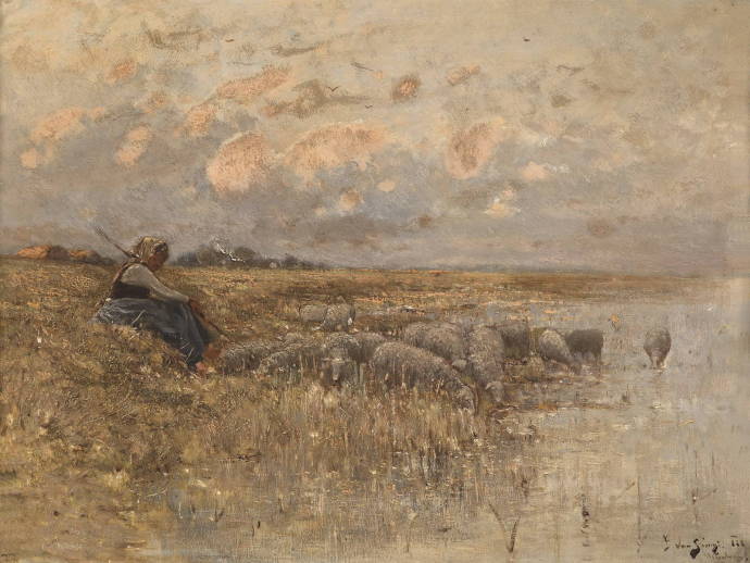 Стадо овец и пастушка у озера / Бела фон Спани - Bela von Spanyi