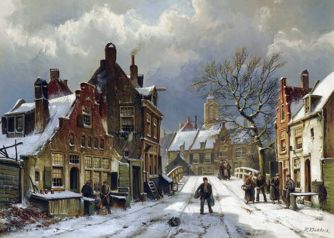 Люди на улице голандского города зимой / Виллем Коек-Коек - Willem Koekkoek