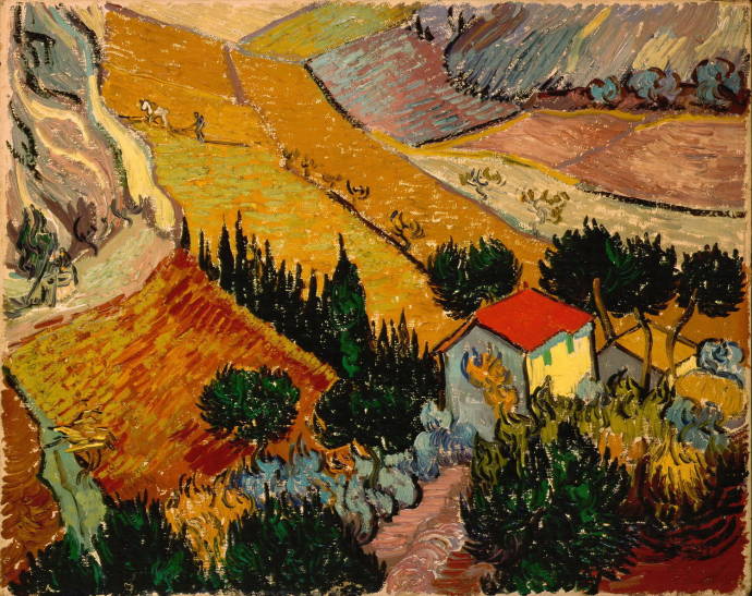 Пейзаж с домом и пахарем. 1889 г. / Винсент Вильям Ван Гог - Vincent William van Gogh