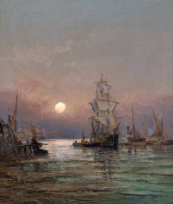 Корабли в заливе во время заката / Георг Вильям Торнли - George William Thornley