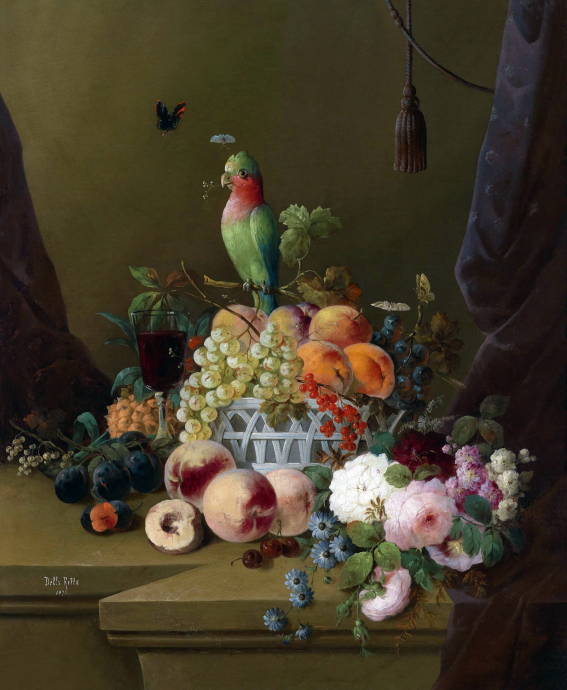 Натюрморт с цветами, фруктами, бабочкой и попугаем / Делла Ротта - Della Rotta