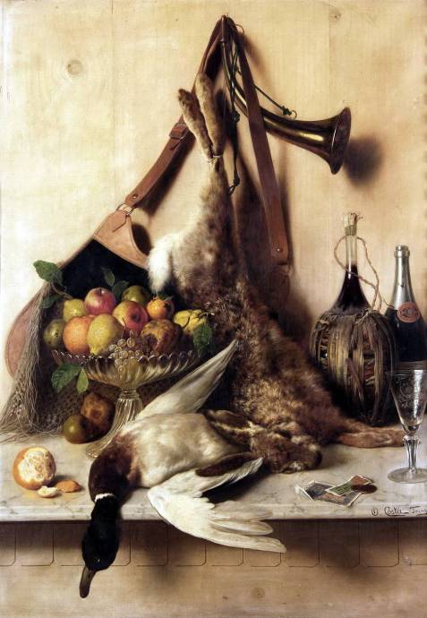 Натюрморт из дичи и фруктов на столике / Джованни Коста - Giovanni Costa