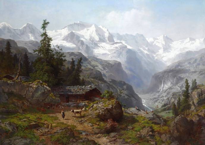 Вид селения с ущельем на фоне гор / Джозеф Николаус Бутлер - Joseph Nikolaus Butler
