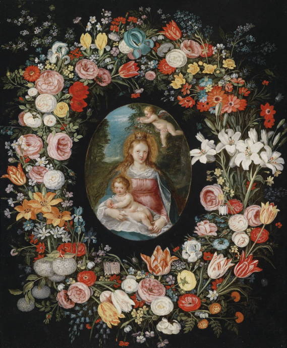 Дева с ребенком с цветами вокруг / Жан Брюгель II - Jan Brueghel II