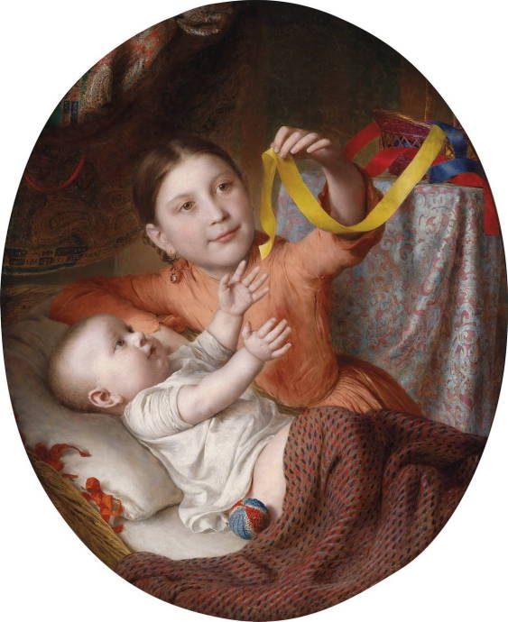 Двое детей играющих с шёлковой лентой / Йохан Батист Рейтер - Johann Baptist Reiter