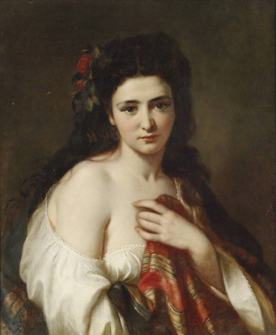 Портрет девушки с розами в волосах / Карл Адольф Гюгель - Karl Adolf Gugel