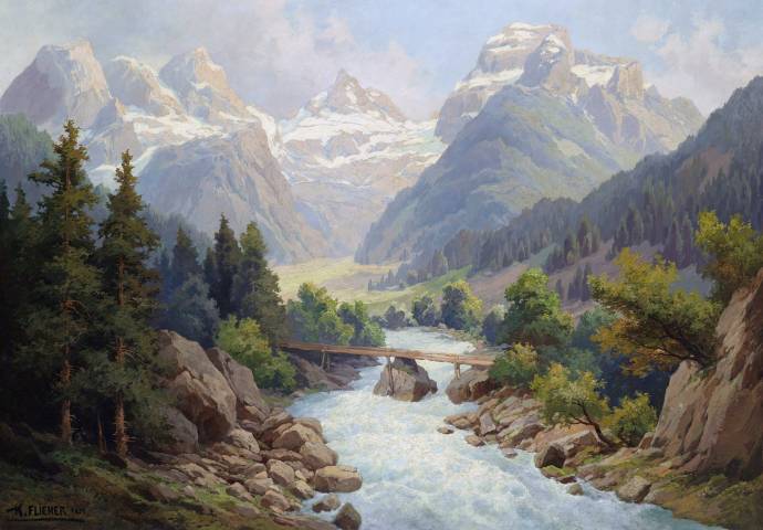 Горный пейзаж с рекой и горой-Бык / Карл Флихер - Karl Flieher