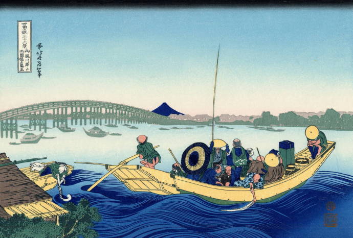 Ночной вид на мост Рёгокубаси с берега реки Оммаяга / Кацусика Хокусай - Katsushika Hokusai