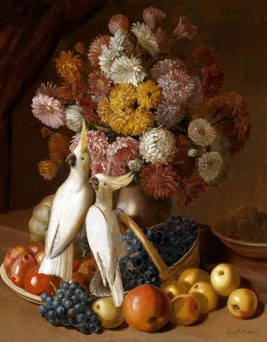 Натюрморт с фруктами и попугаем / Леопольд фон Штоль - Leopold von Stoll