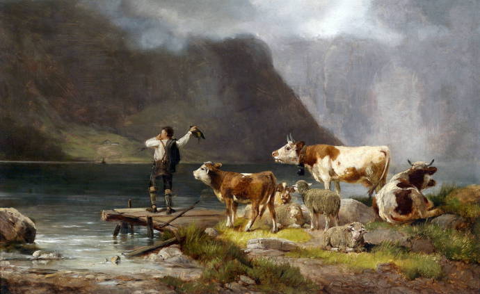 Пастух со стадом на берегу озера / Людвиг Селмаэр - Ludwig Sellmayr