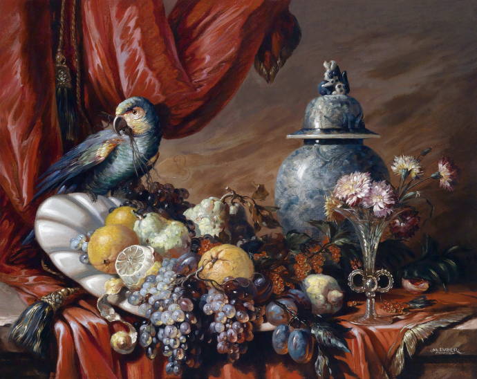 Натюрморт с цветами, синей вазой и попугаем / Любер М. - Luber M