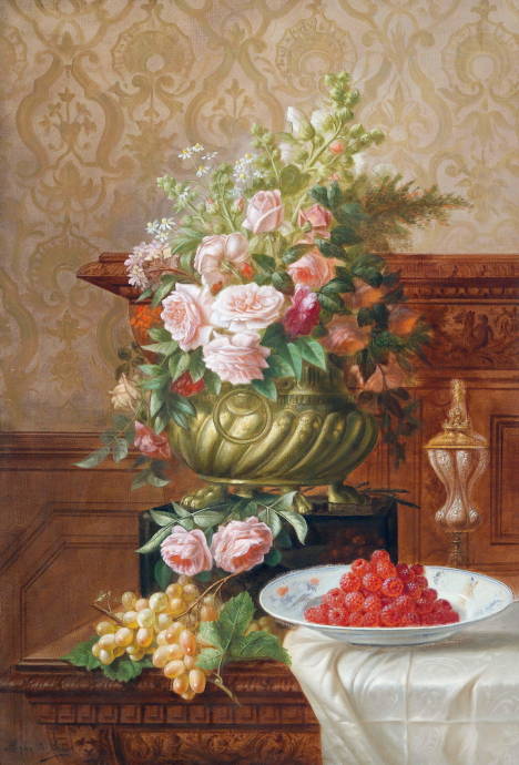 Натюрморт с цветами, виноградом и малиной / Мэри де Бивре - Marie de Bivre