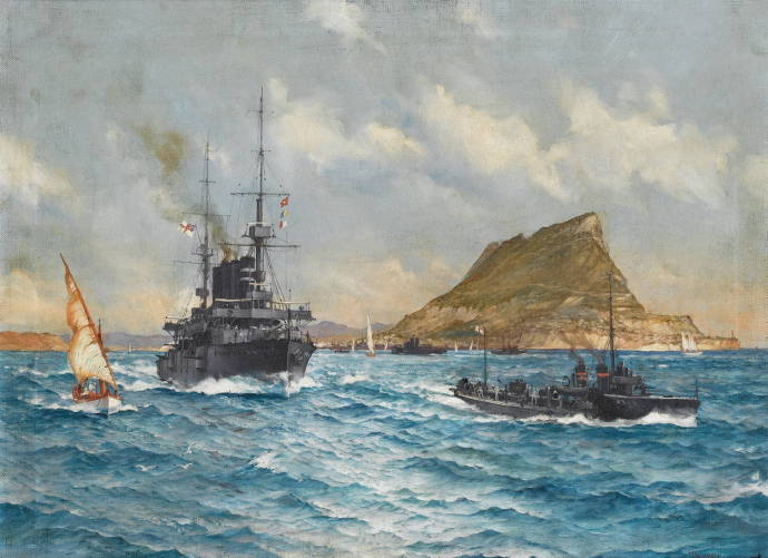 Крейсер и эскорт, покидающие Гибралтар / Монтего Доусон - Montague Dawson