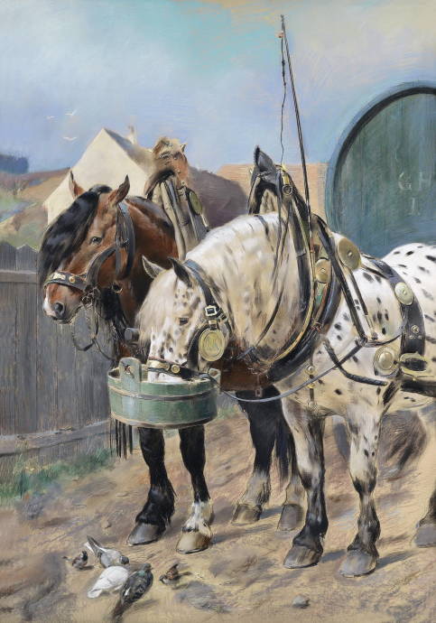 Лошади, голуби и воробьи во дворе. 1902 г. / Оттокар Вальтер - Ottokar Walter