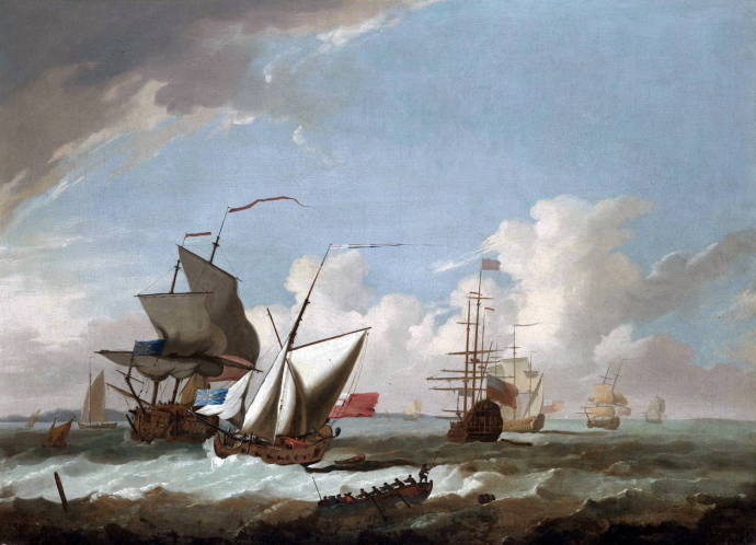 Красный адмирал и его эскадра возле берега / Петер Монами - Peter Monamy