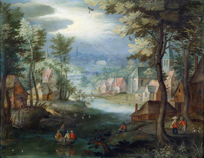 Пейзаж с деревней на реке и крестьянами / Пиитер Гизальц - Peeter Gysels