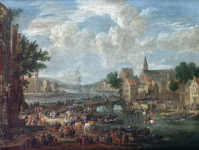 Поселение на реке с множеством людей / Питер Боут - Pieter Bout