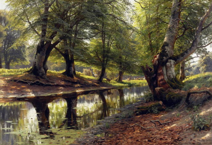 Ручей через лес, олени в отдалении / Педер Морк Монстед - Peder Mork Monsted