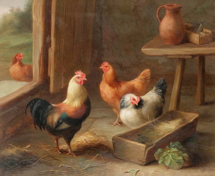 Курицы в сарае. 1911 г. / Эдгар Хант - Edgar Hunt