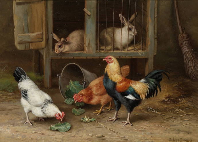 Курицы рядом с кроликами. 1923 г. / Эдгар Хант - Edgar Hunt
