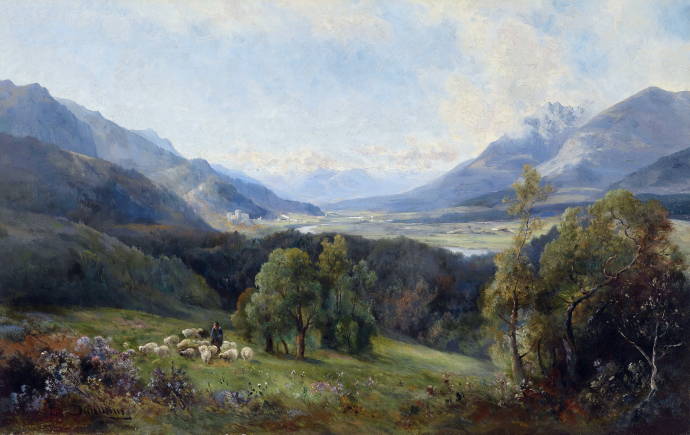 Вид долины со стадом овец на переднем плане / Эмиль Барбарини - Emil Barbarini